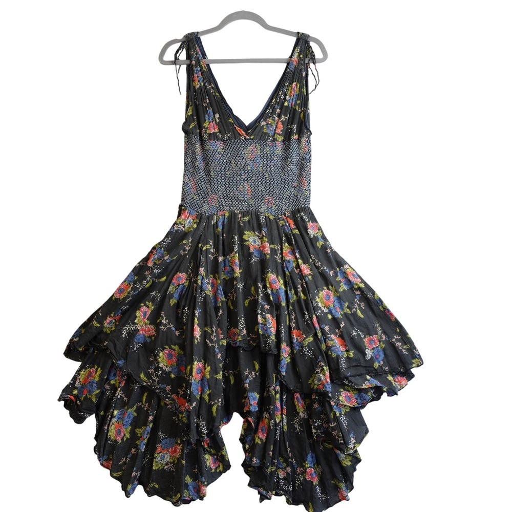 Free People FP One Black Floral Smocked Tiered Ruffle Midi Dress S Boho Fairy